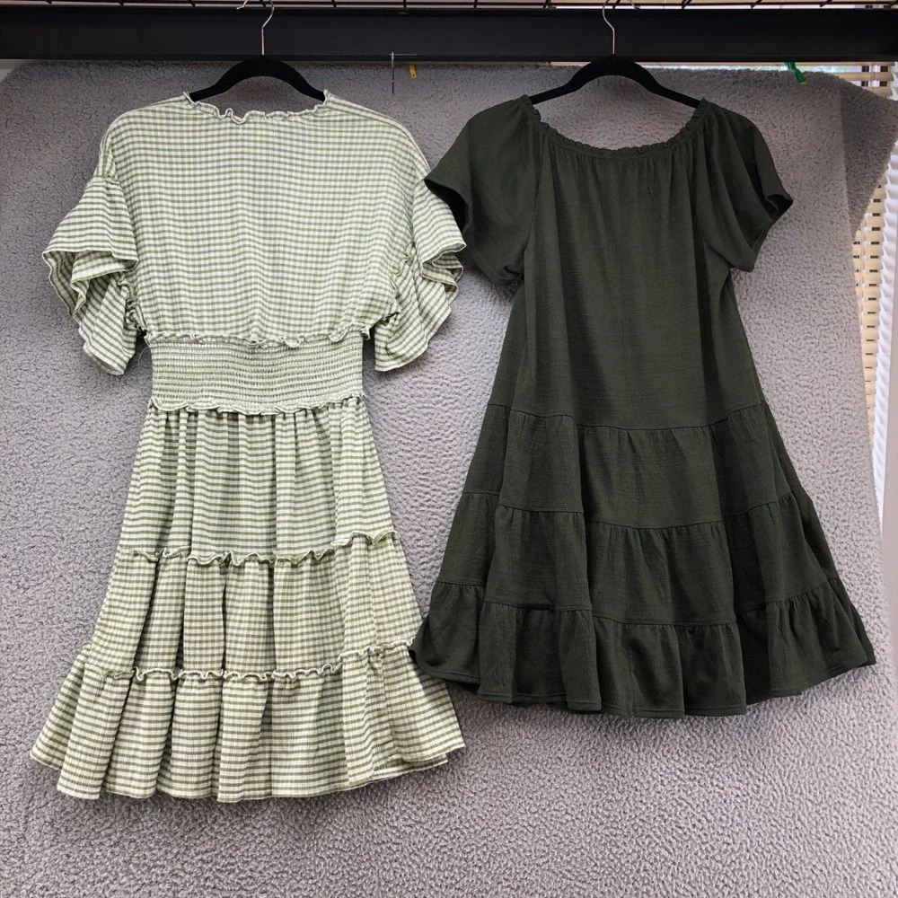 Max Studio Summer Dress Lot Women Small Green Gingham & Solid Boho Tiered